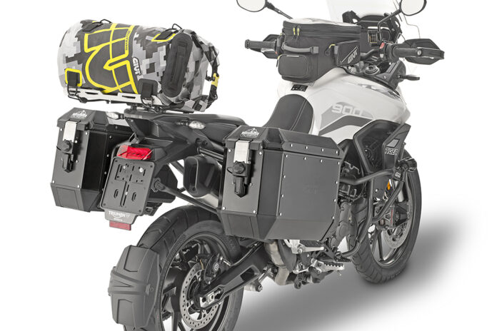 An adventure motorcycle using waterproof luggage